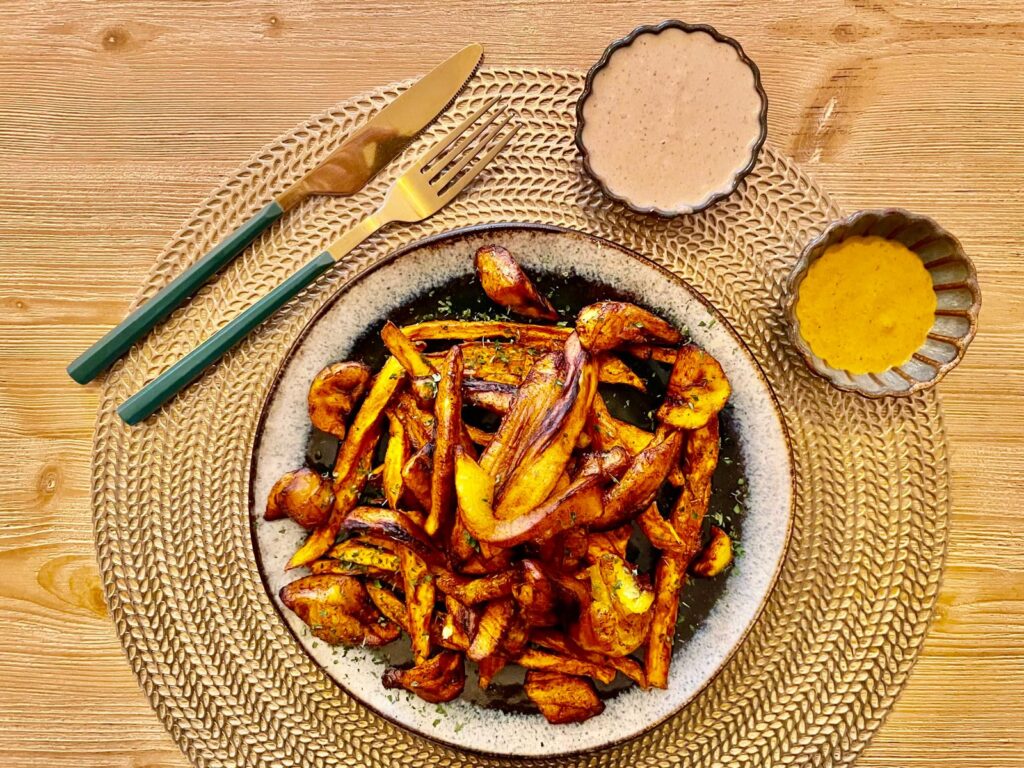 Bananes plantains et patates douces frites, houmous de haricots rouges